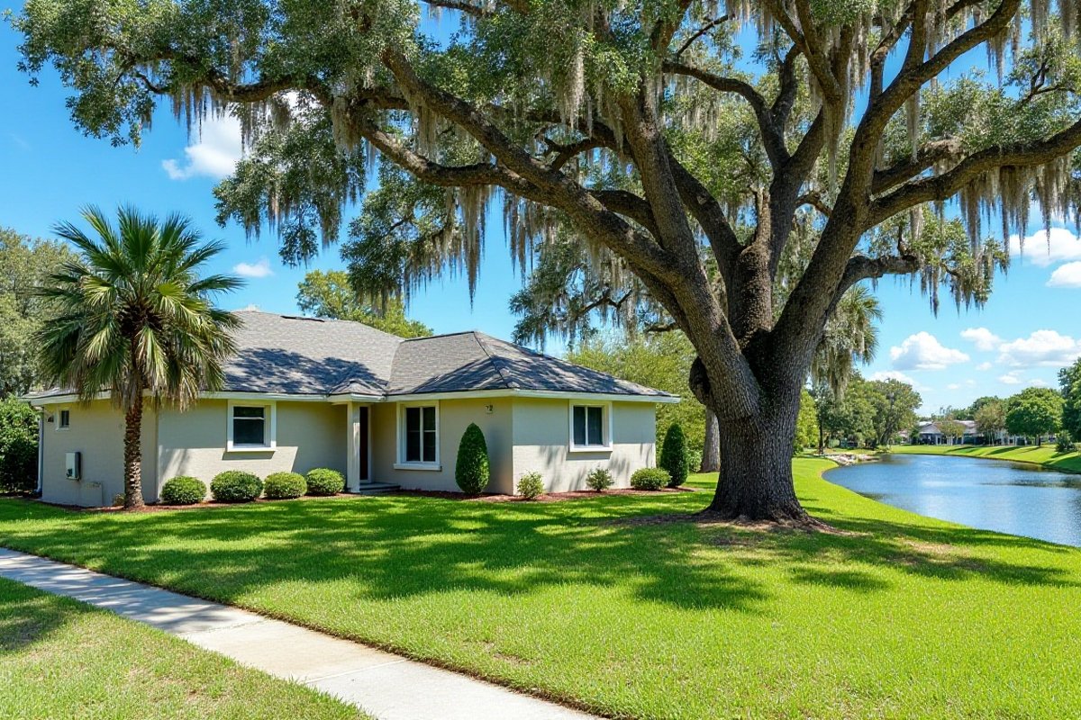 Sabal palm and a large moss-draped oak in a front yard beside a canal
