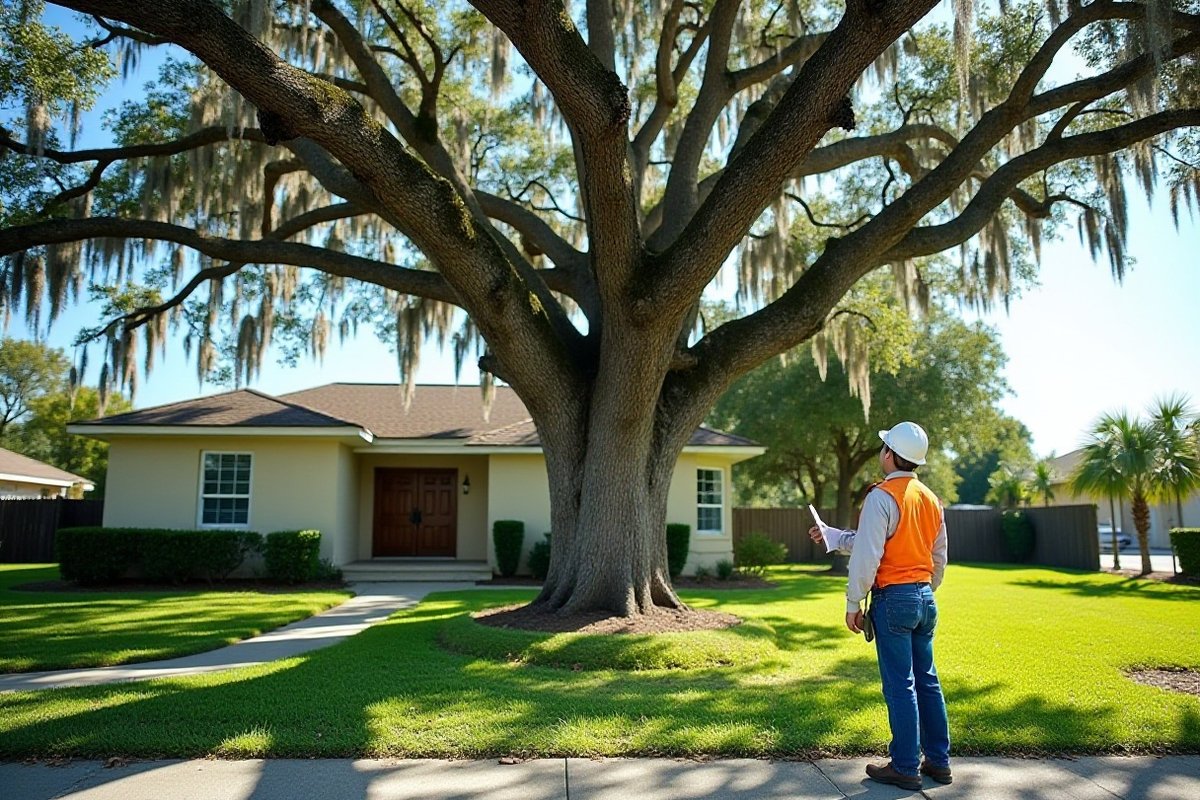 Arborist with a clipboard by a big moss-draped oak in a front yard