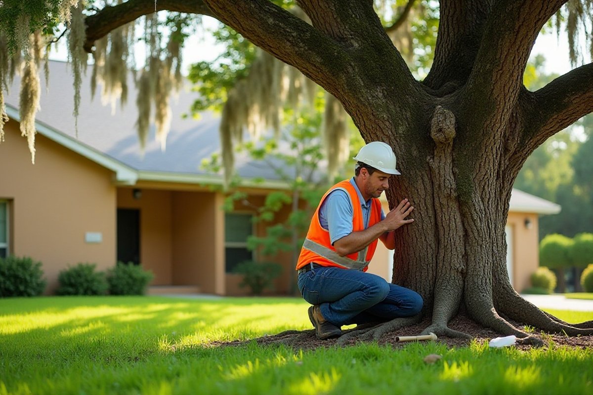 Arborist kneeling with a hand on an oak trunk beside a tan home
