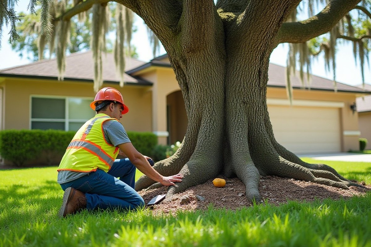 Arborist kneeling to examine an oak root flare