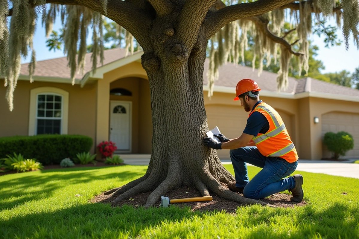 Arborist sounding an oak trunk base with a mallet
