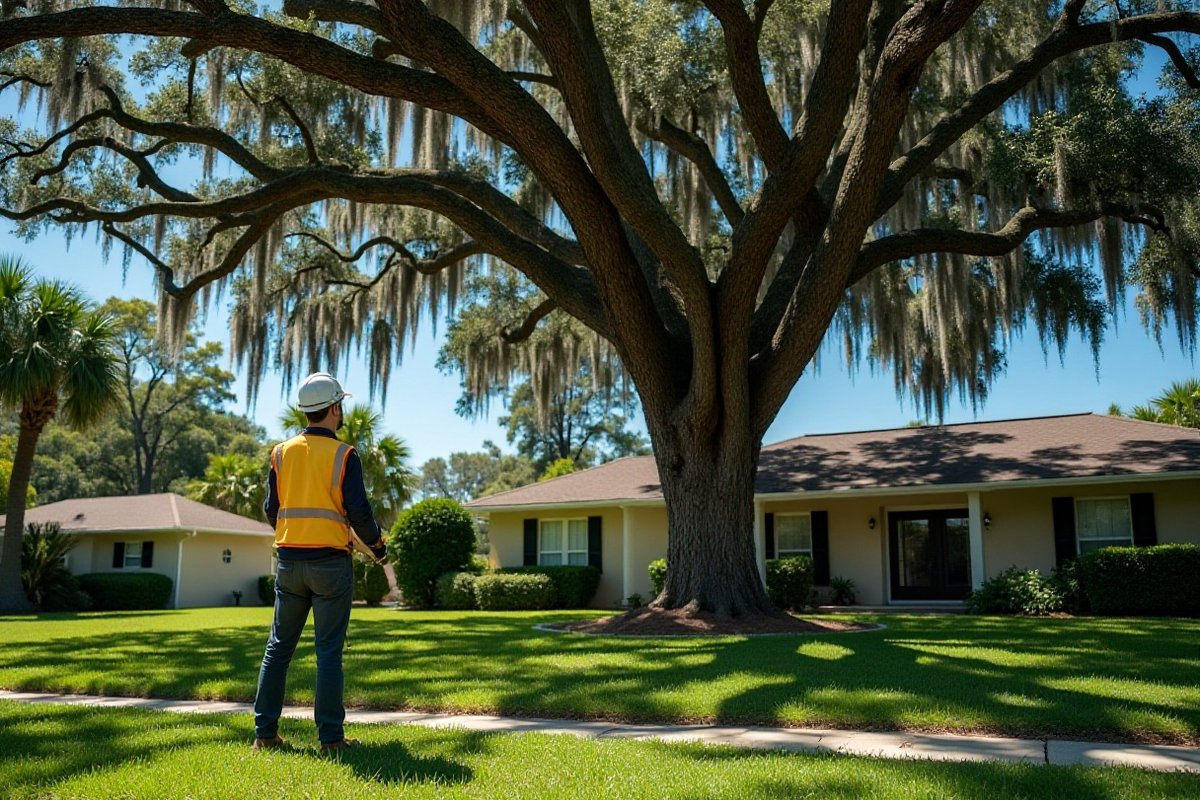 Arborist on a lawn looking up into a large oak canopy