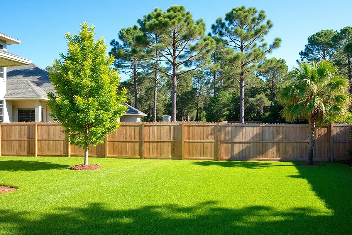 Backyard lawn with a wood fence and a line of pines behind it