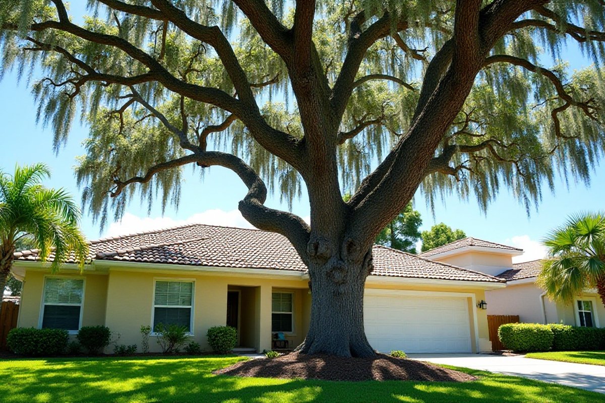 Big multi-stem oak shading a one-story home