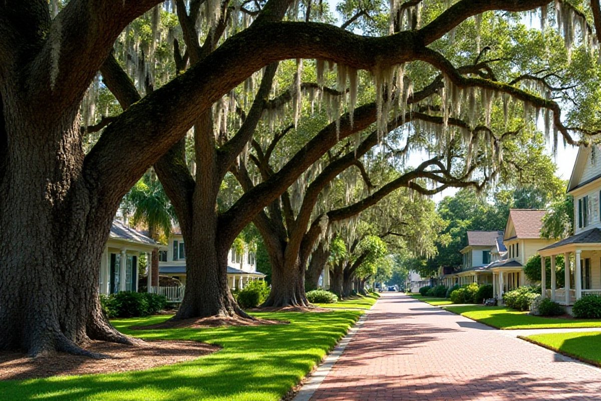 Huge oaks arching over a brick-paved street