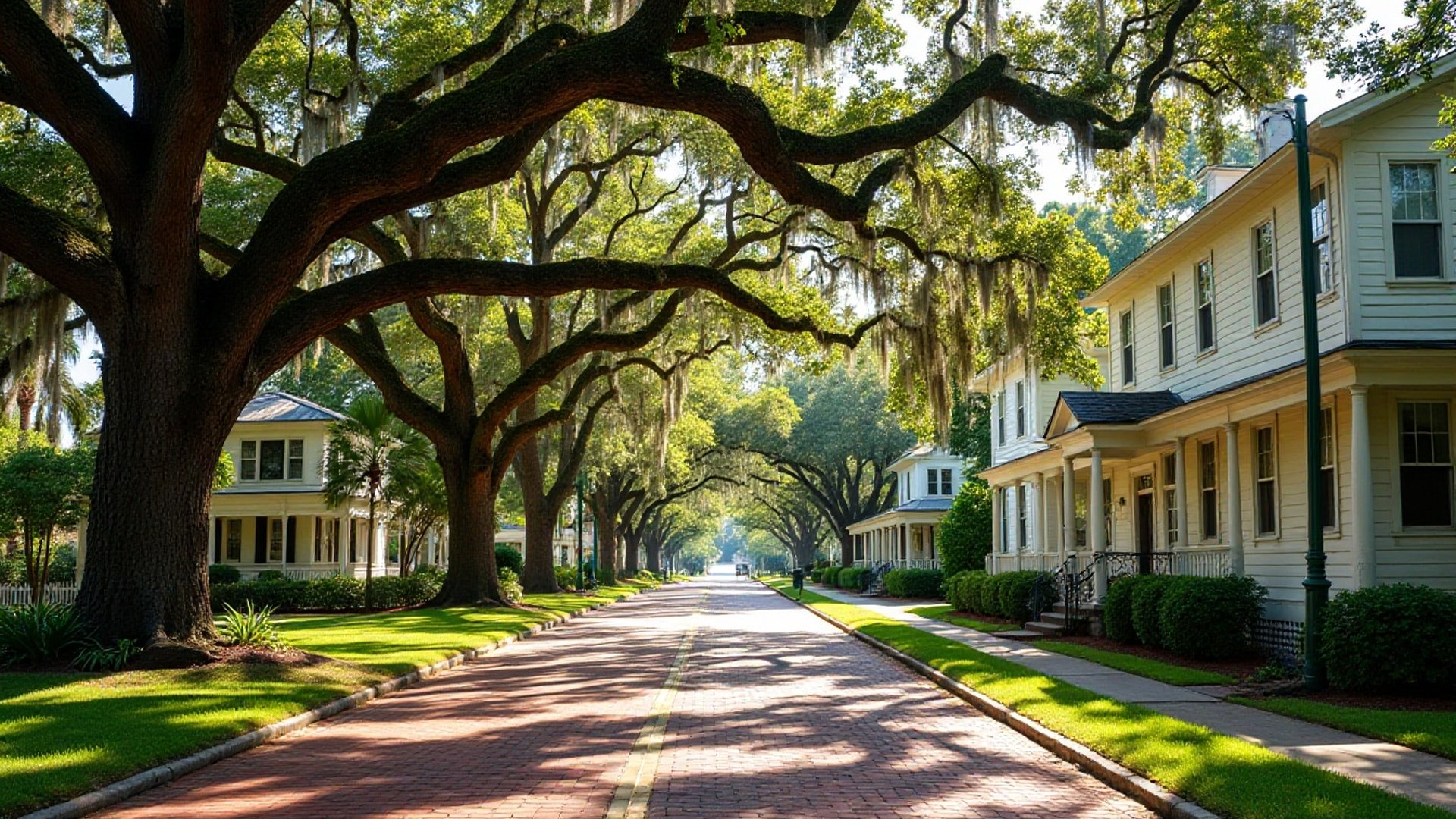 Red brick street under arching moss-draped oaks, two-story frame homes with porches