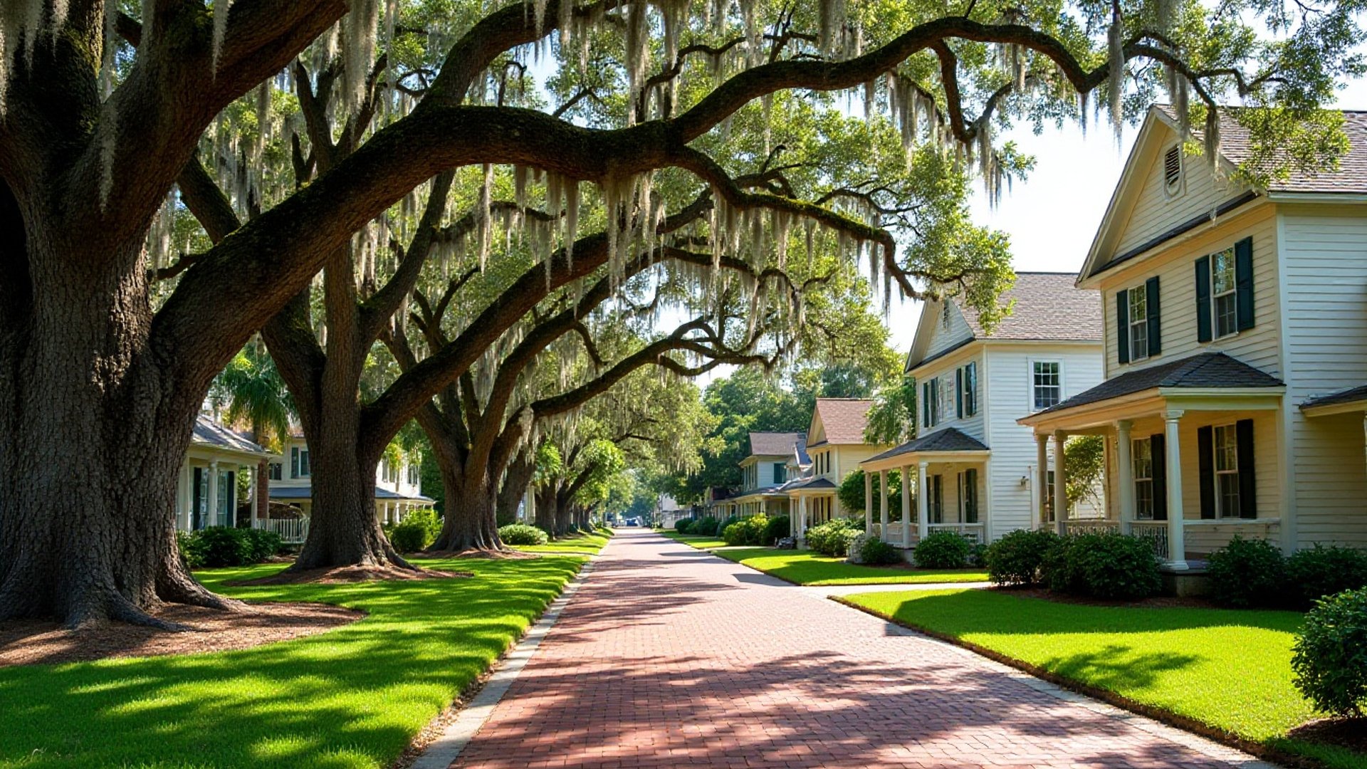 Brick street lined with big oaks and older frame homes