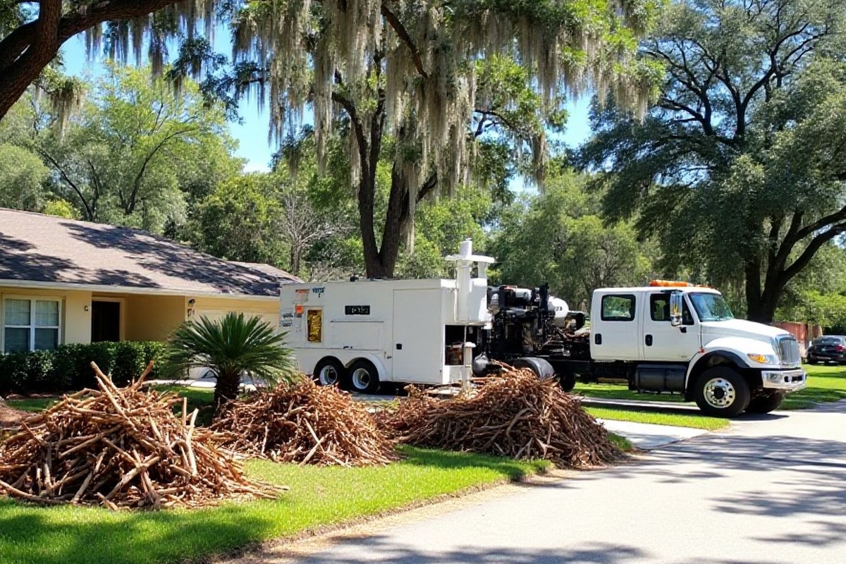 Chipper truck and brush piles at the curb under oaks
