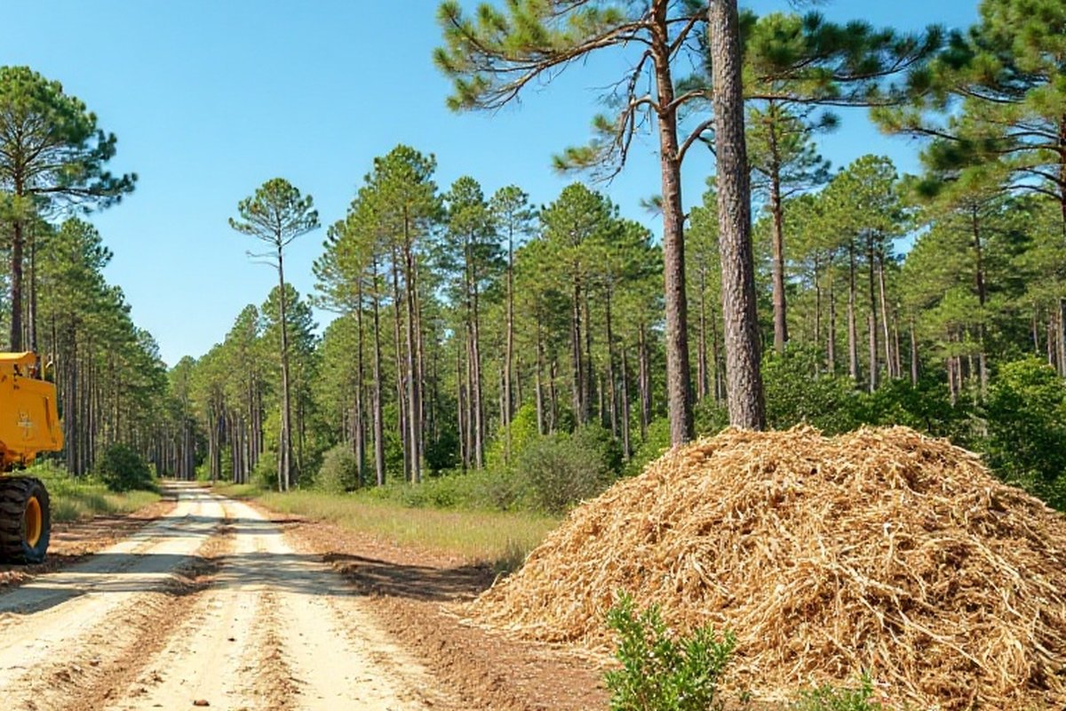 Cleared dirt track beside a big pile of wood mulch in pine woods