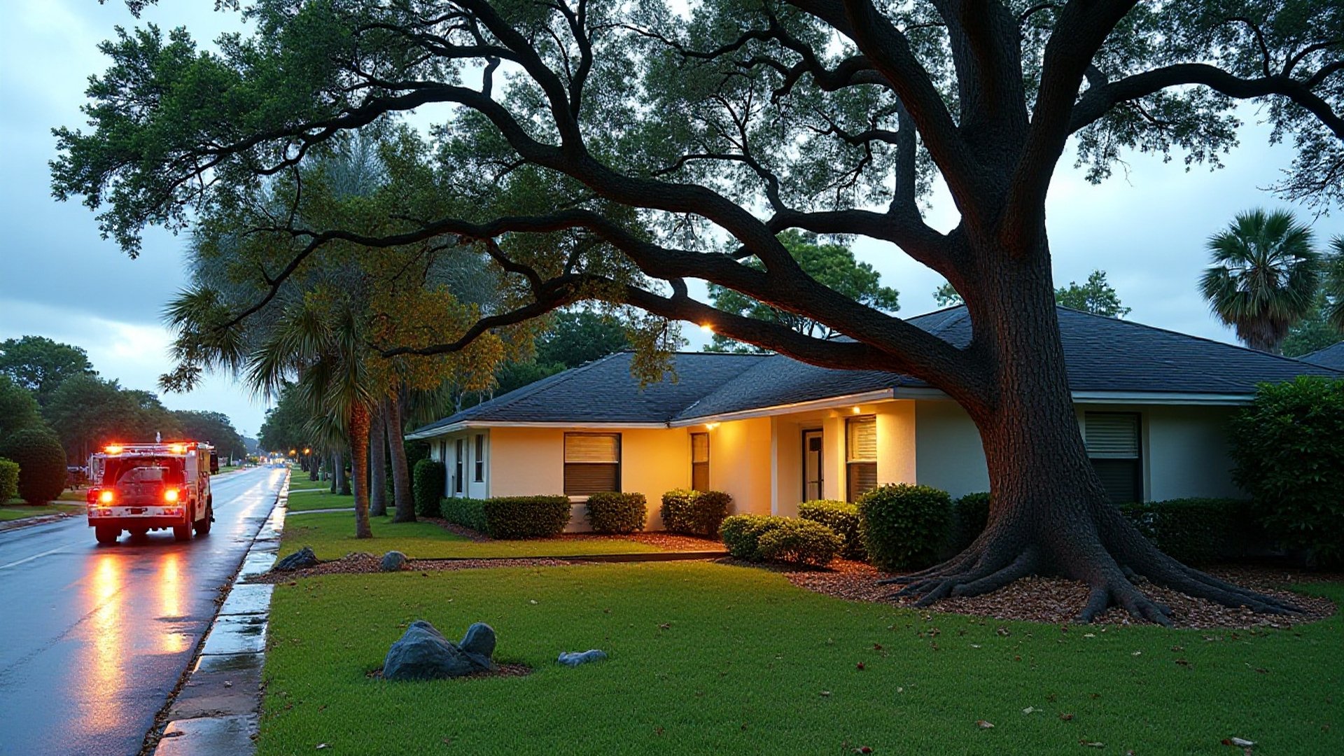 One-story home with lit windows at dusk under a big oak, truck lights on a wet street