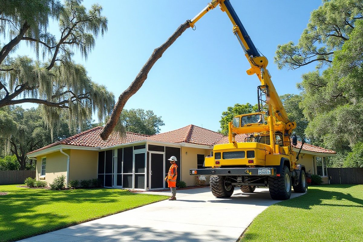 Crane lifting a long trunk section over a roof