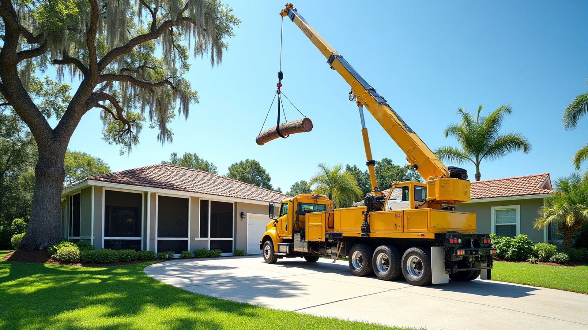 Crane truck lifting a log section beside a one-story home
