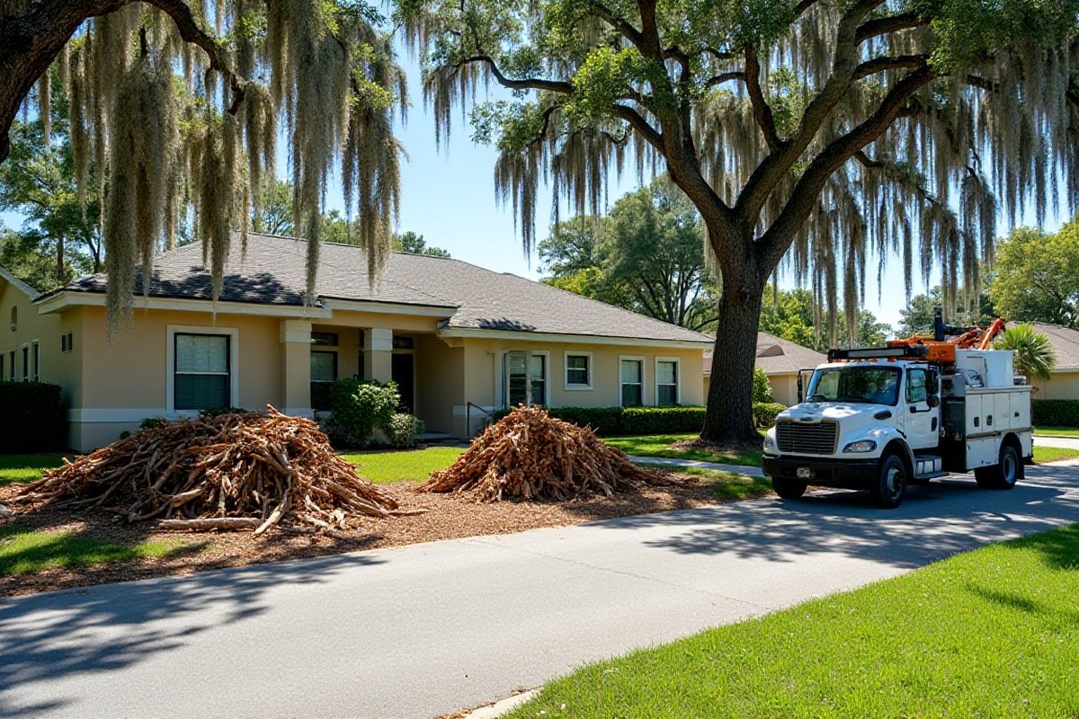 Branch piles at the curb with a work truck
