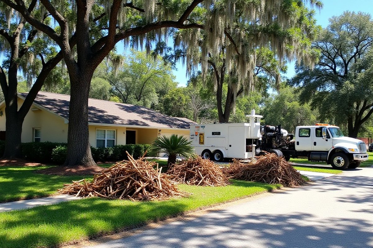 Curb debris piles with a chipper truck parked behind