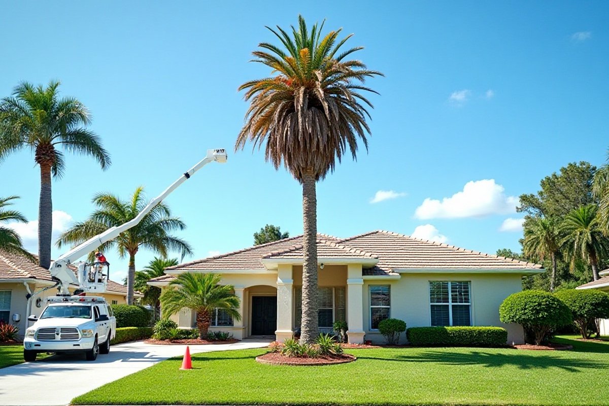 Dead brown palm in a front yard, bucket truck in the driveway