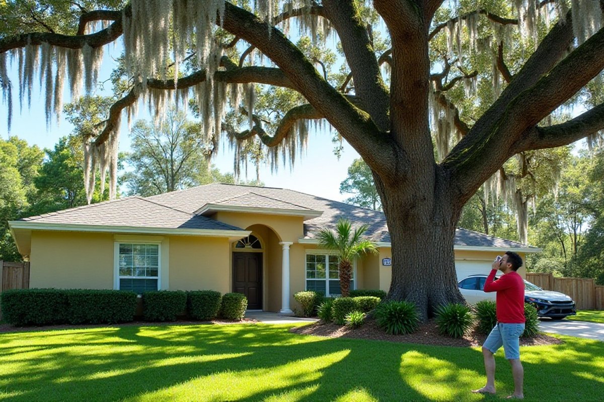 Homeowner looking up at a huge moss-draped oak in front of a stucco home