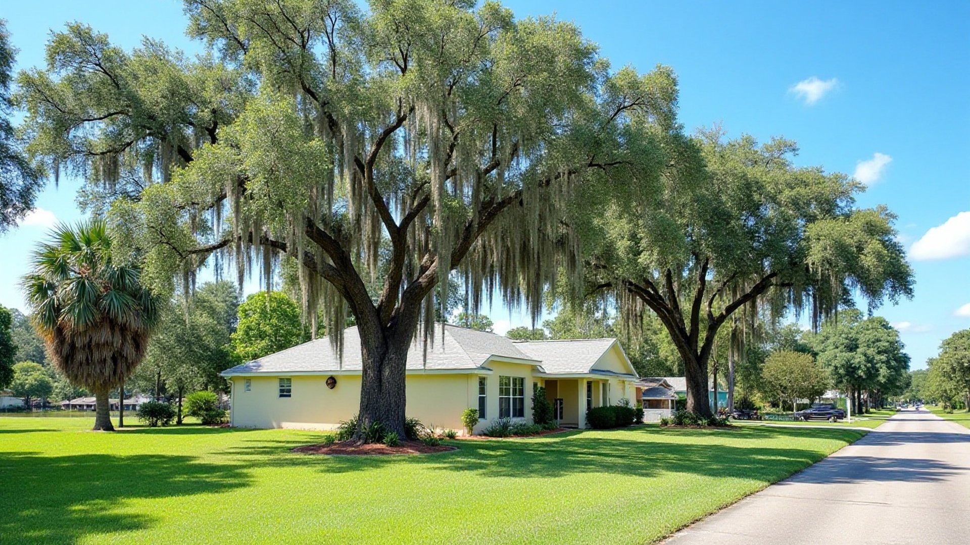 Big moss-draped oaks over a lawn and street, palms and a one-story home