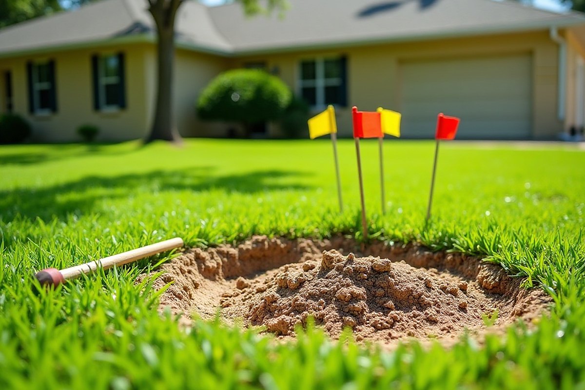 Ground-out stump hole in a lawn with utility marking flags