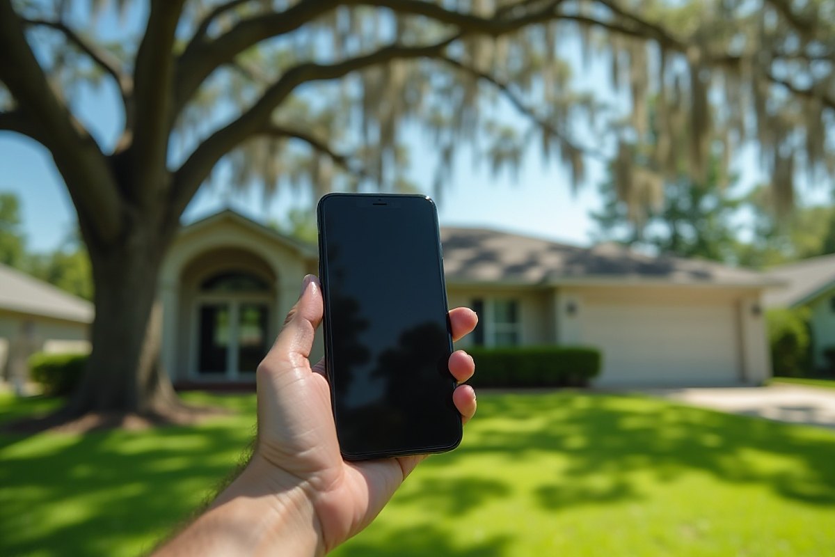 Hand holding a phone, a mossy oak and a home blurred behind
