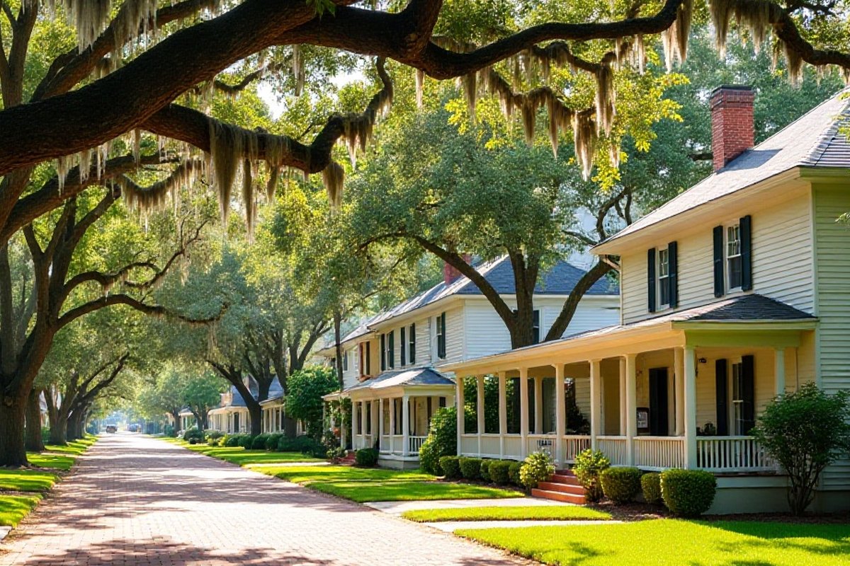 Older frame homes with porches under oak canopy