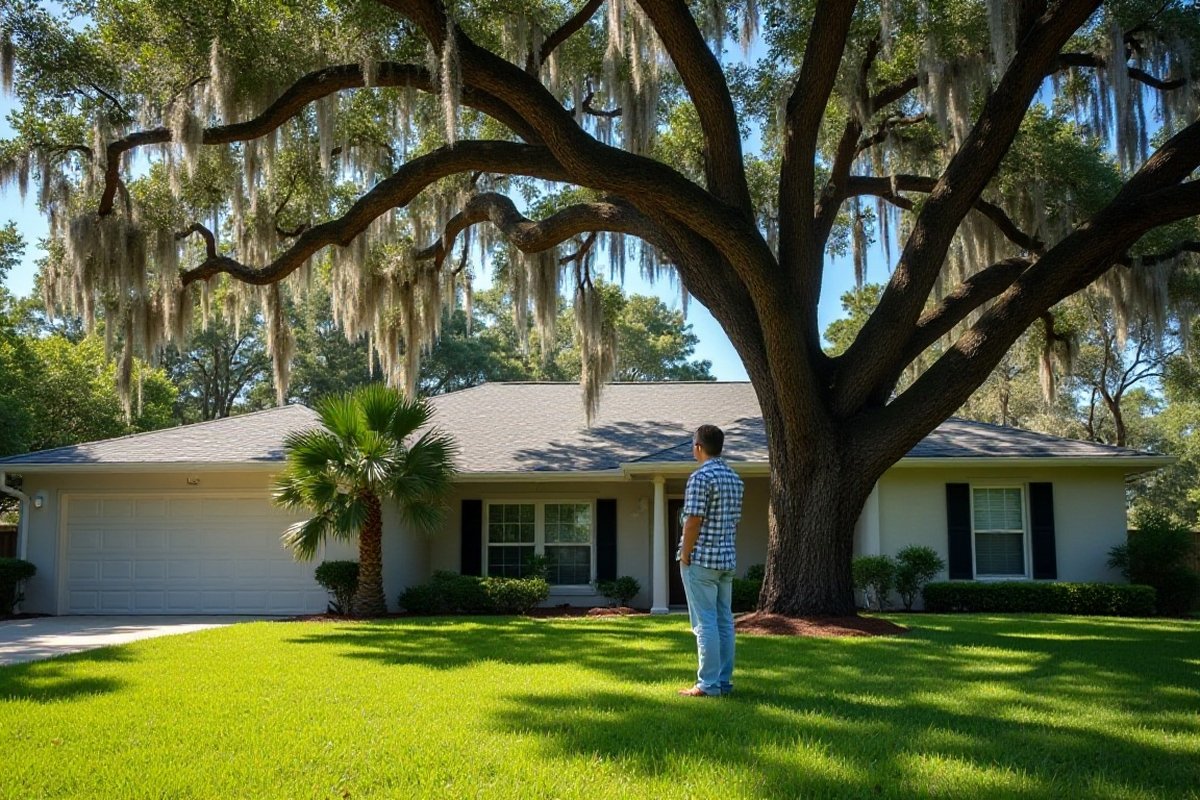 Homeowner on a lawn under a big oak in front of a one-story home