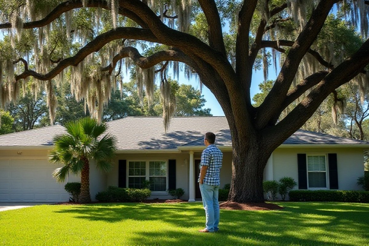 Homeowner standing under a big oak in front of a one-story home, palm by the door