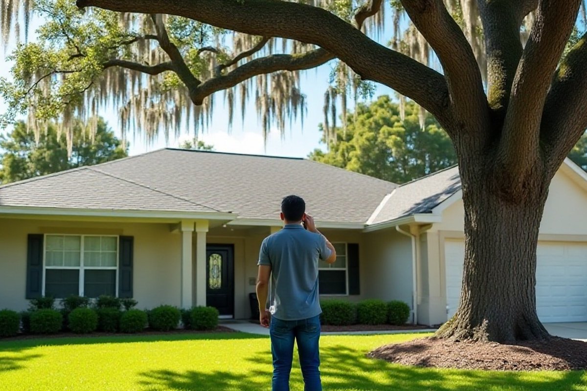 Homeowner on the phone standing under a big oak by a house