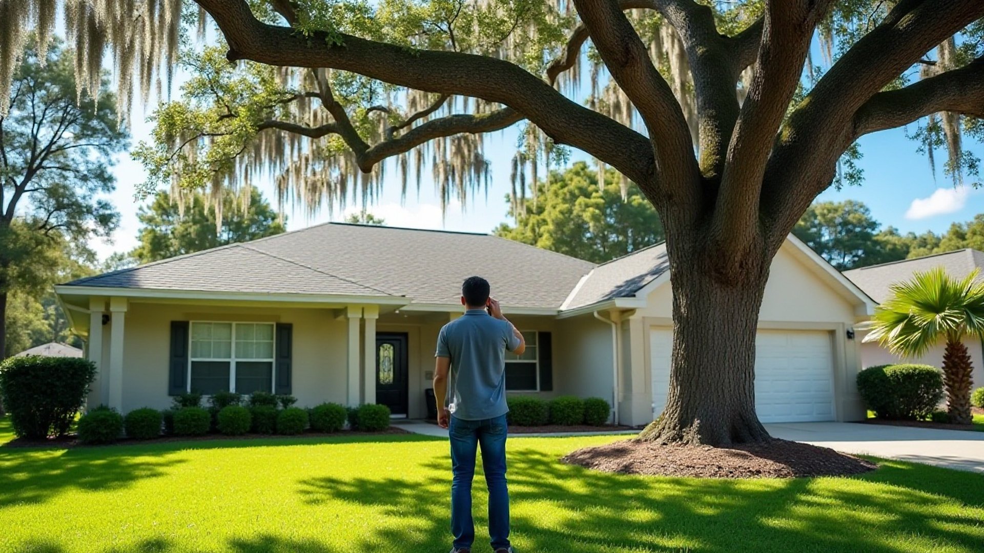Homeowner on a phone call looking at a large oak in front of a one-story home