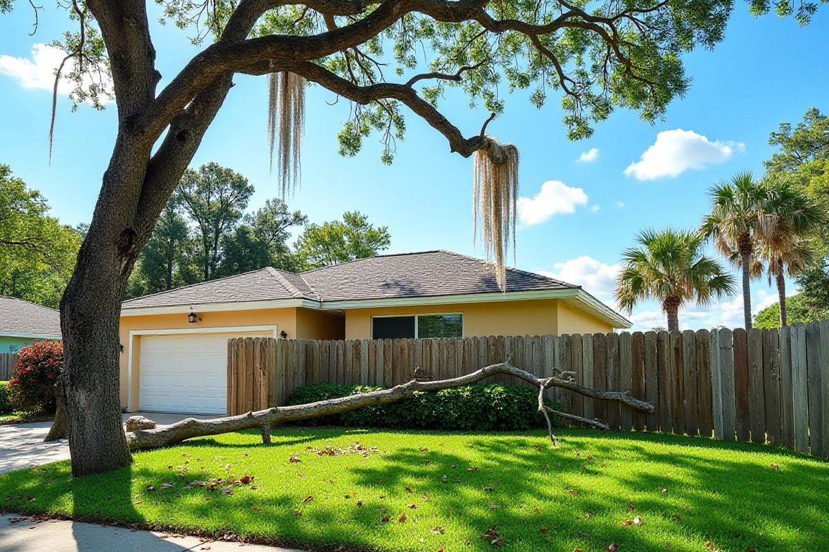Big limb fallen onto a wood fence beside a stucco home, with palms behind