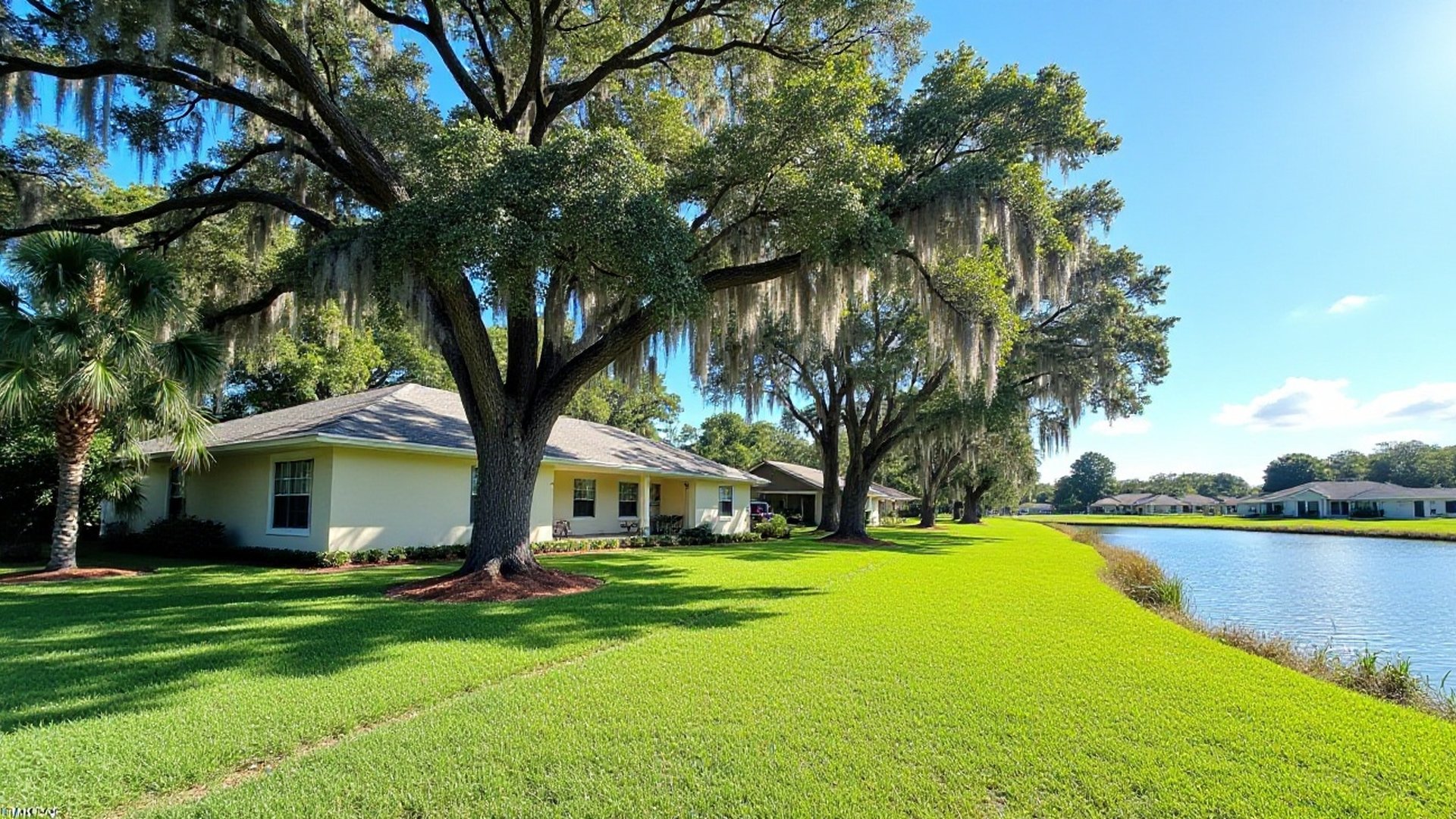 Large moss-draped oak beside a one-story home and a pond