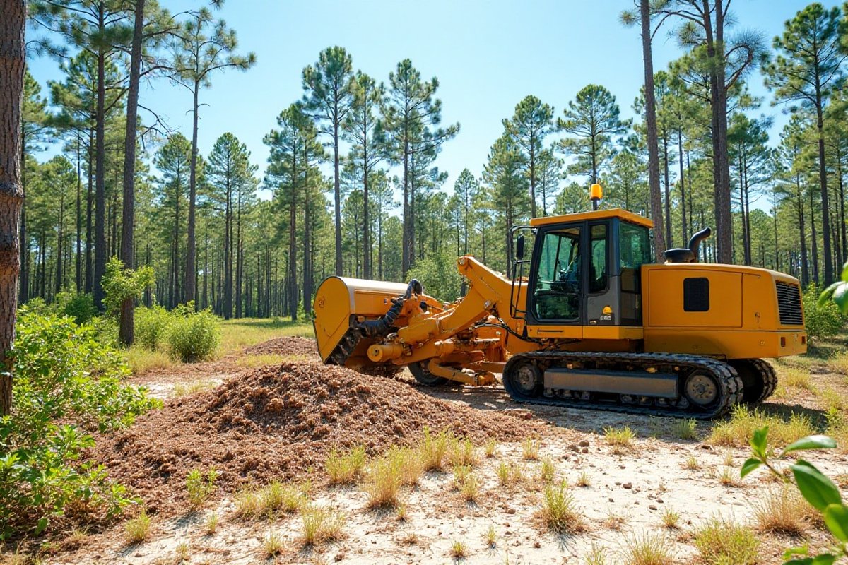 Tracked mulcher clearing palmetto scrub under pines