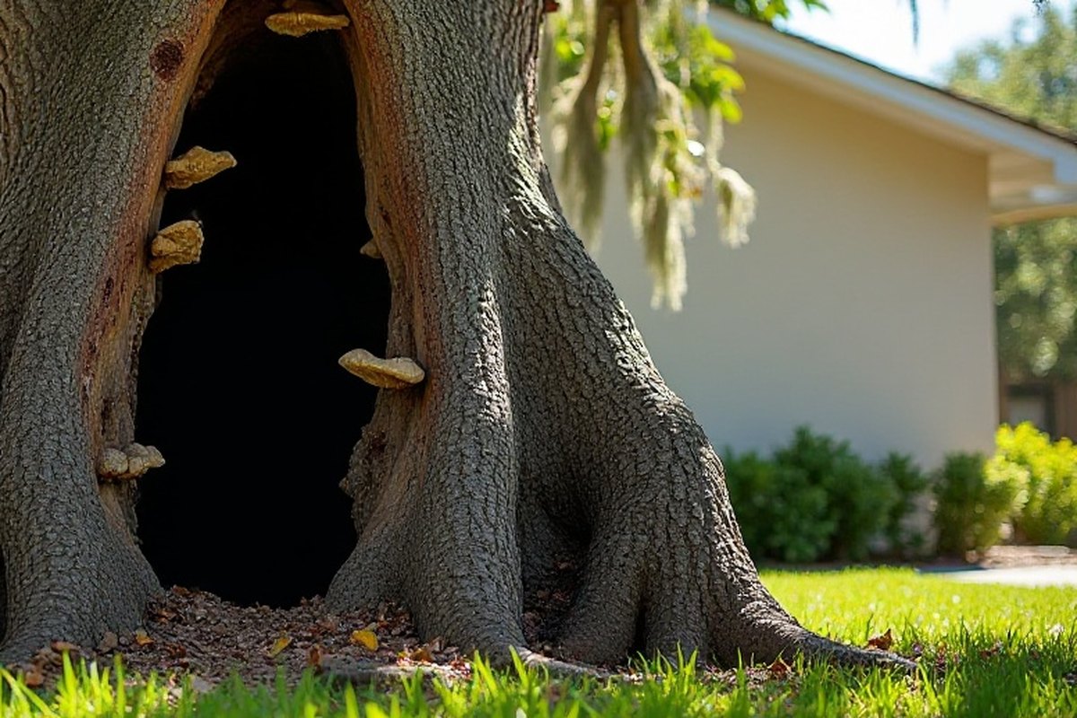 Large hollow decay cavity with shelf fungi in an oak trunk beside a house