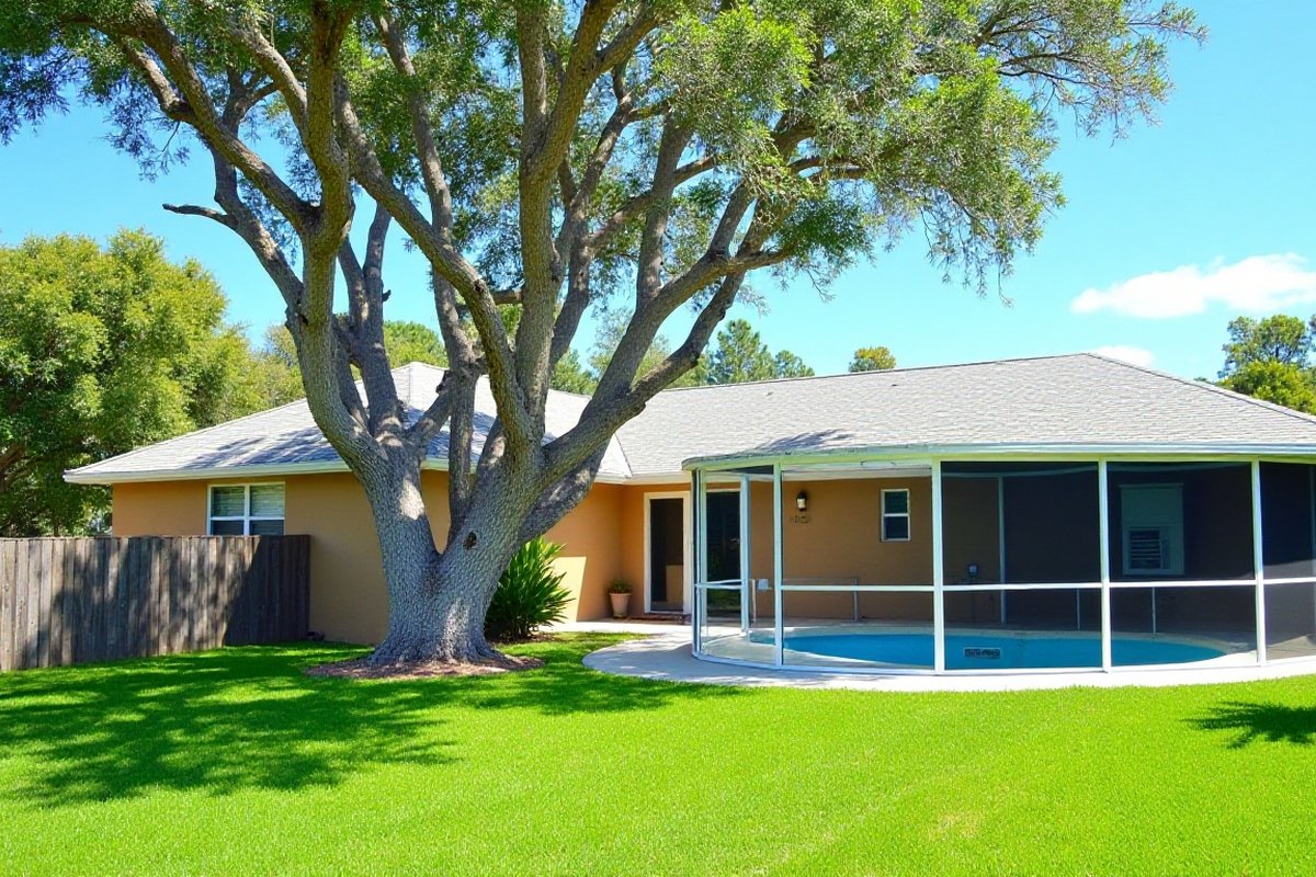 Oak beside a home with a screened pool enclosure