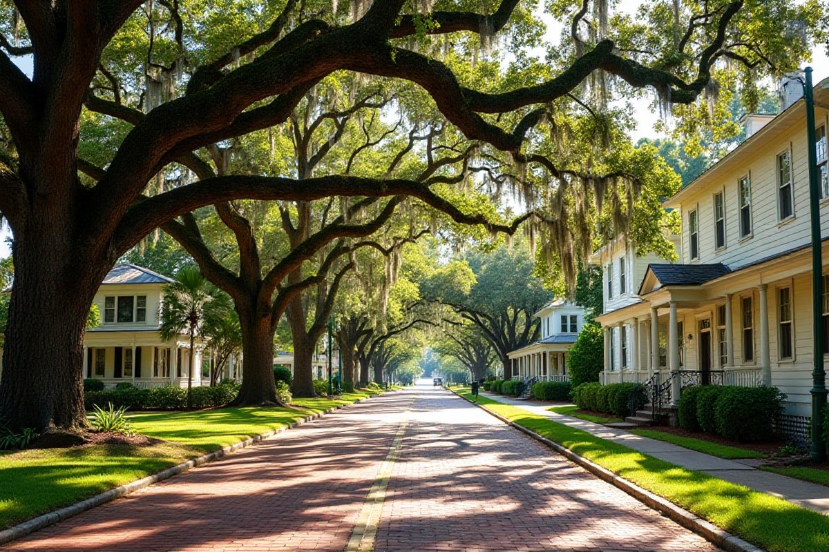 Oak canopy over a brick street with older frame homes