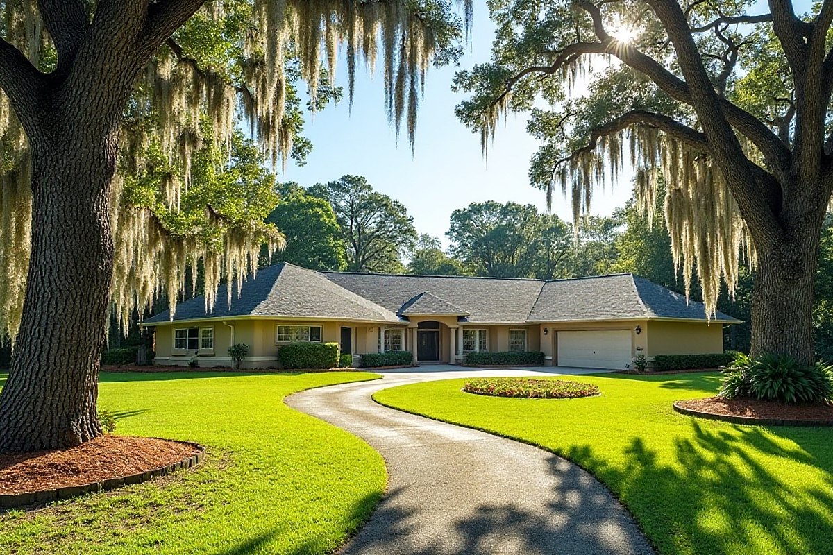 Moss-draped oaks along a curving drive to a one-story home