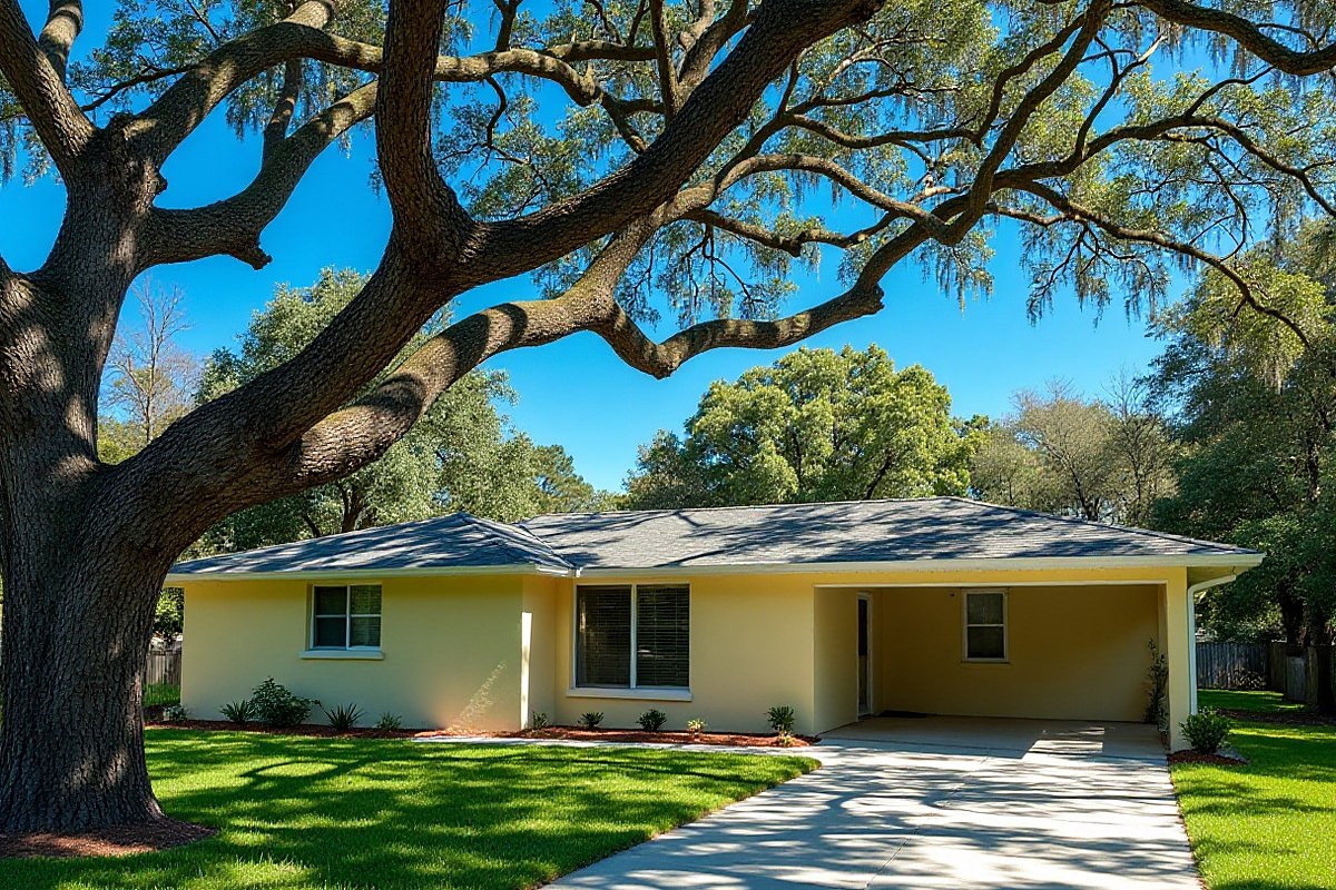 Oak limbs over a yellow one-story home with a carport
