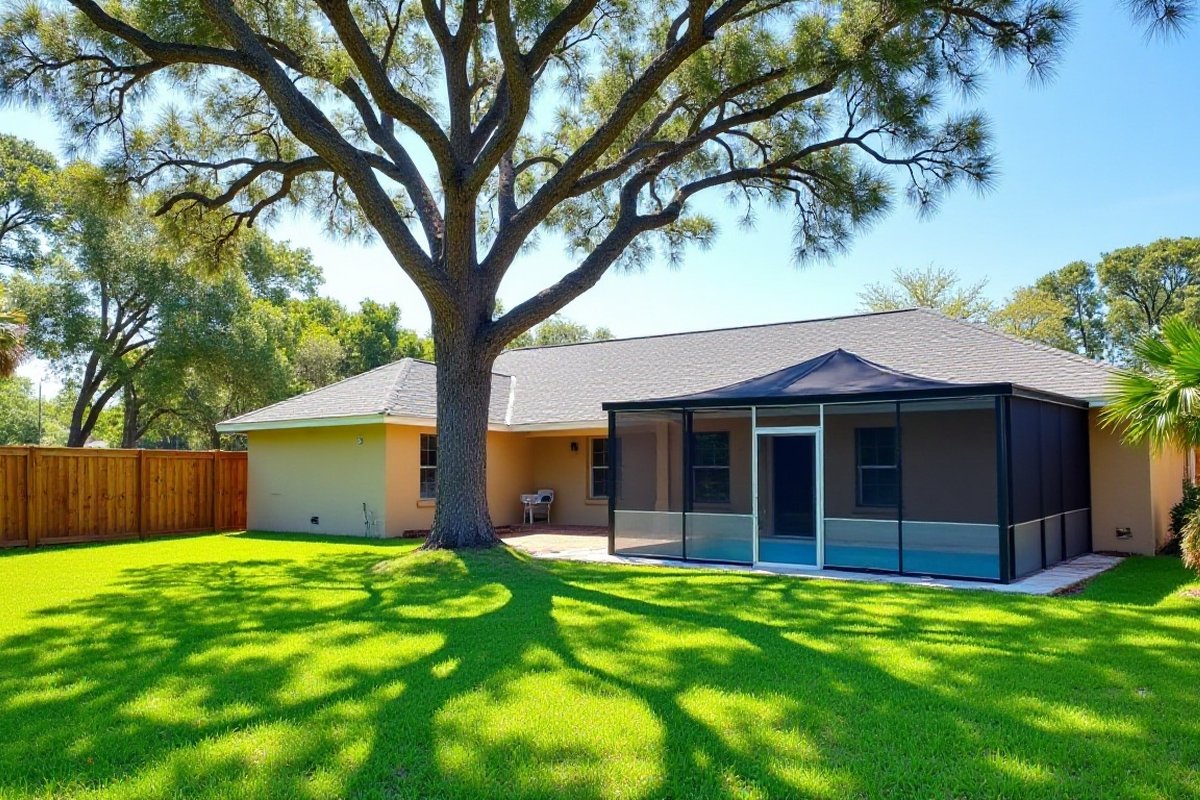 Oak with long limbs over a backyard and a screened porch