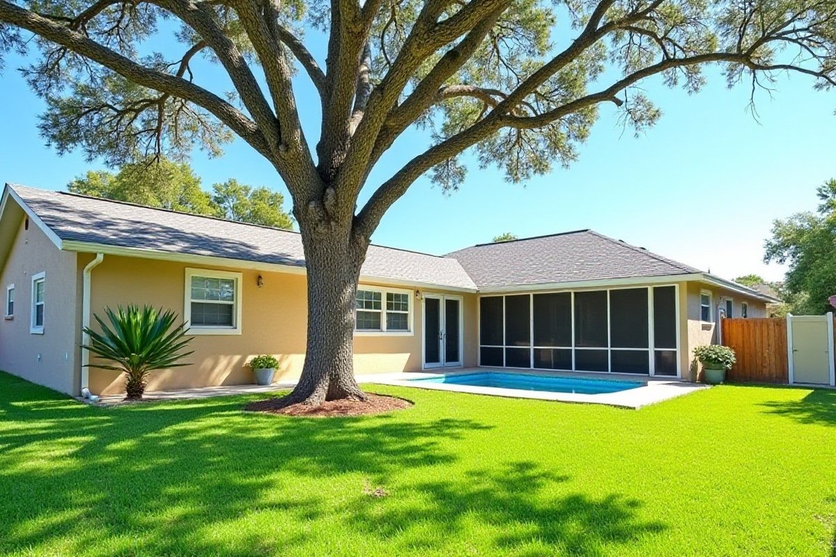 Oak with an open crown over a backyard pool and stucco home
