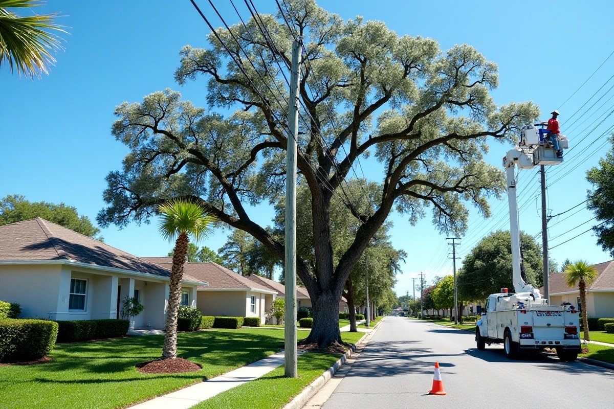 Bucket truck working on an oak near power lines on a street with palms