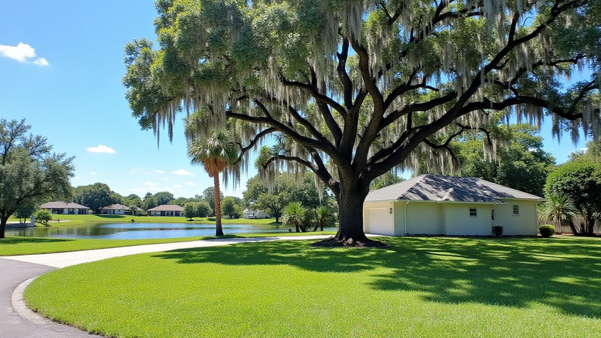 Big moss-draped oak in a front yard beside a pond, one-story home