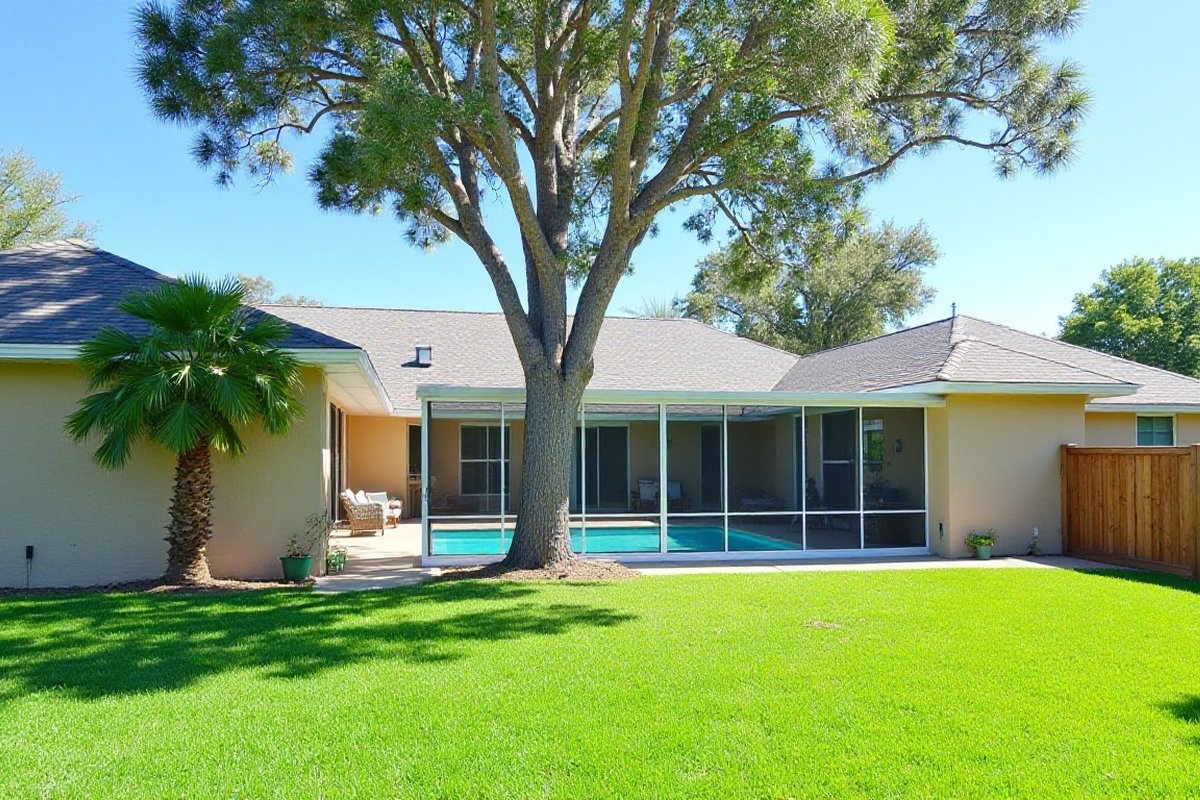 Oak growing close to a screened pool enclosure, with a palm in front