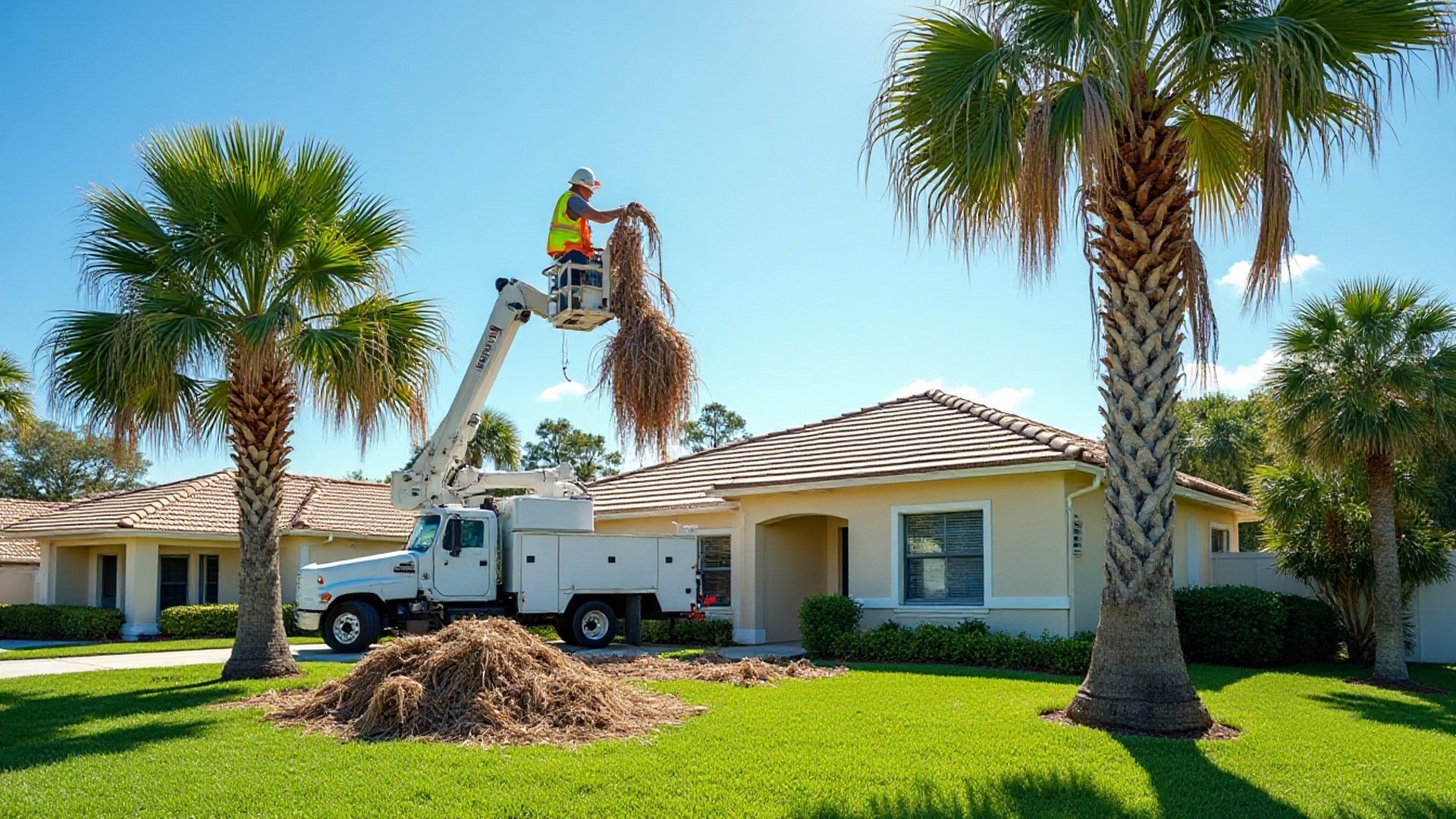 Worker in a bucket trimming dead fronds from a tall palm beside a tile-roof home