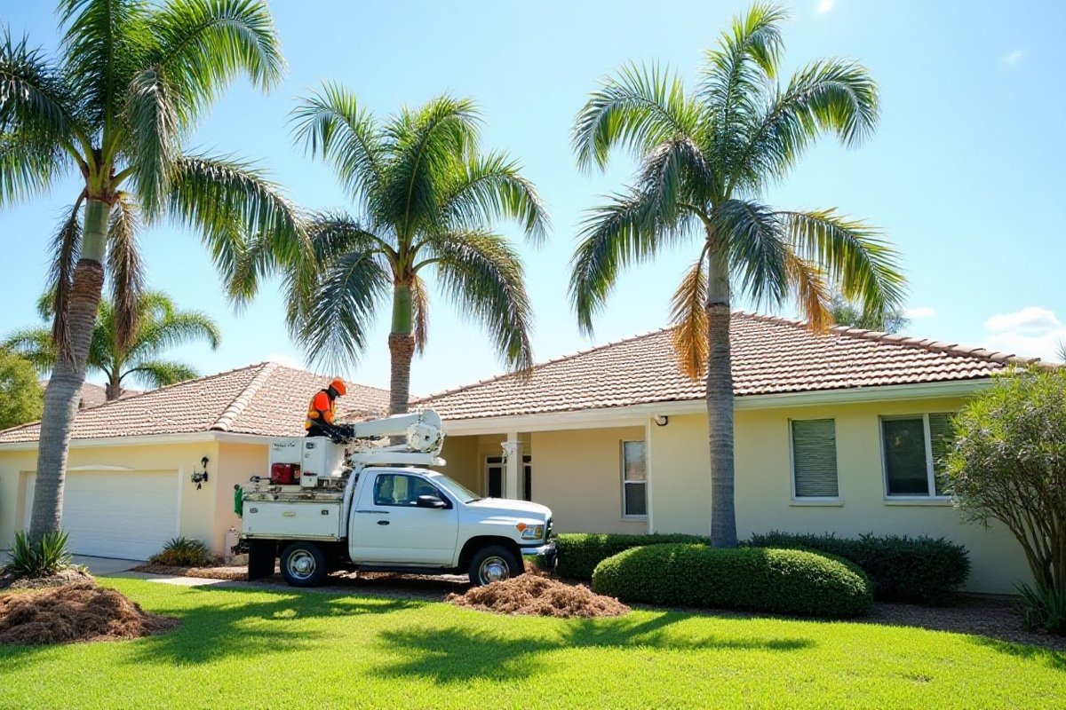 Tall palms with full crowns in front of a tile-roof home, with a bucket truck