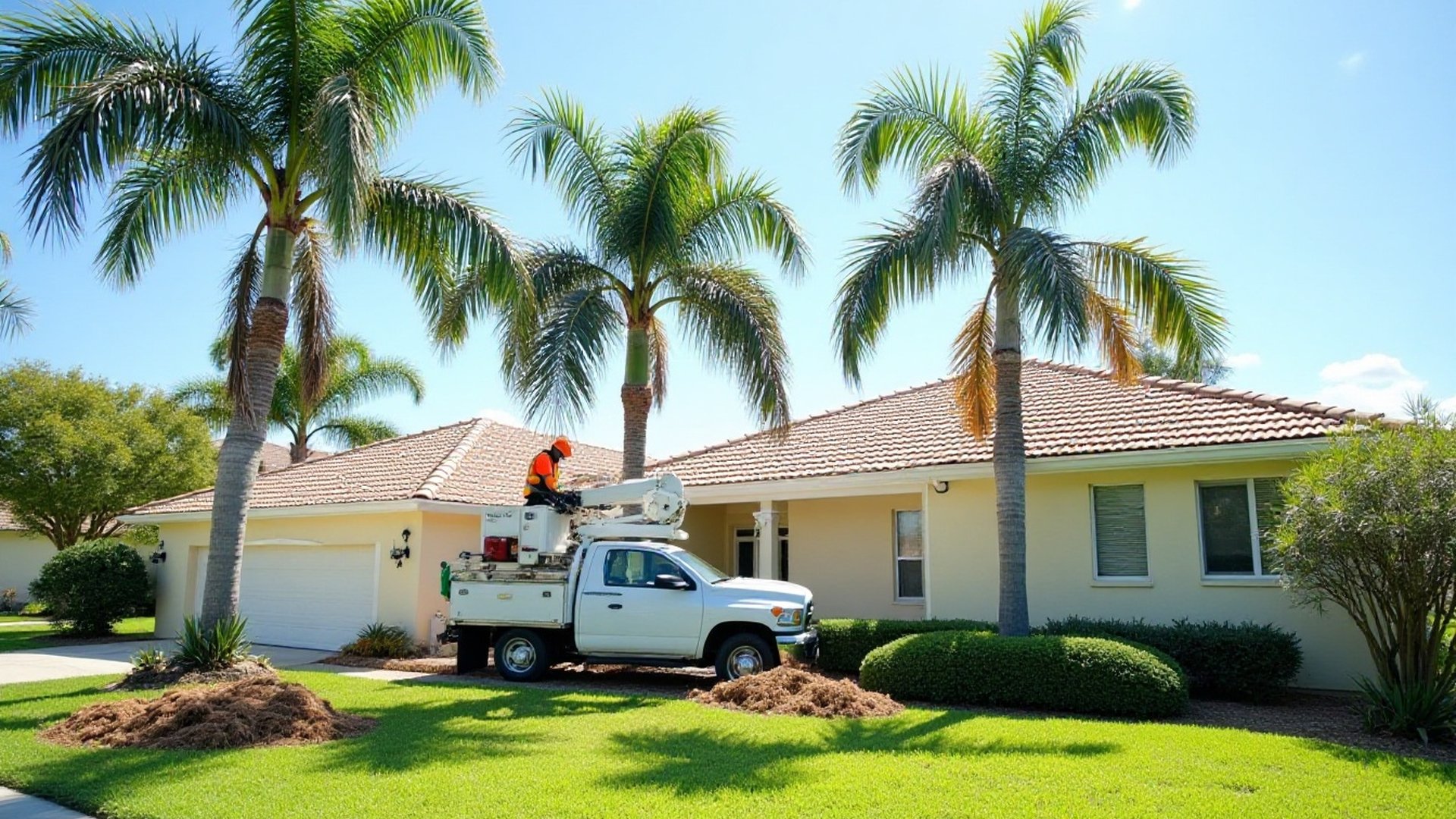 Row of palms with full green crowns and a bucket truck beside a tile-roof home
