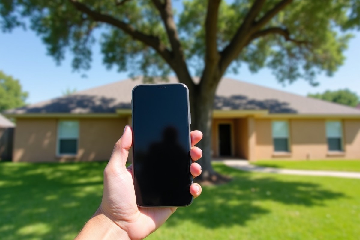 Hand holding a phone, oak and a tan one-story home behind
