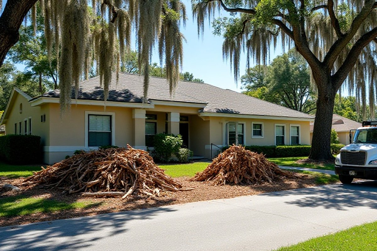 Branches raked into piles on a lawn by a driveway