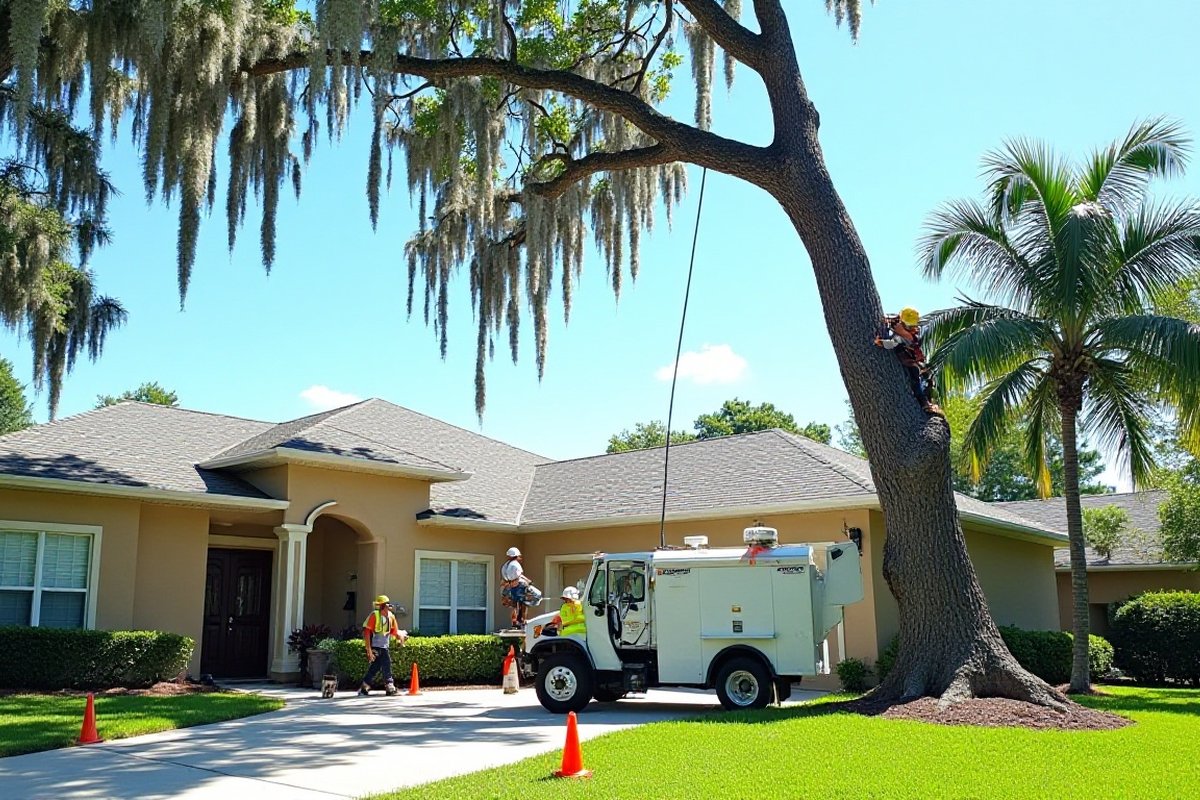 Climber on a tall oak trunk beside a stucco home with crew and truck below