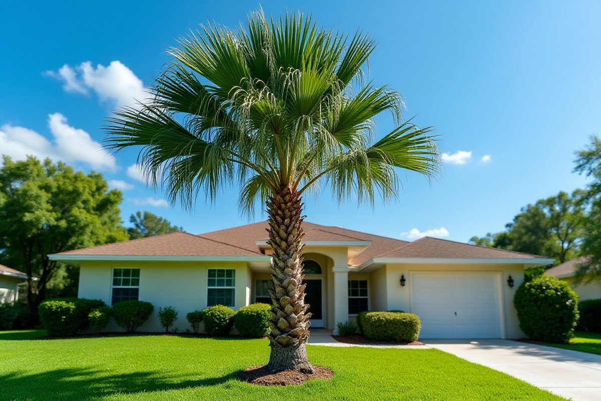 Cabbage (sabal) palm with a full crown in front of a one-story home