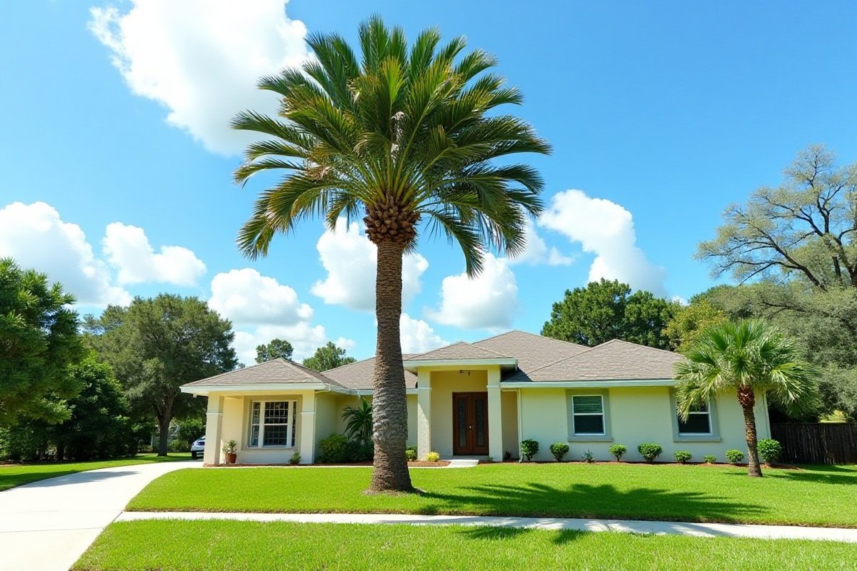 Cabbage (sabal) palm with a full round crown on a front lawn