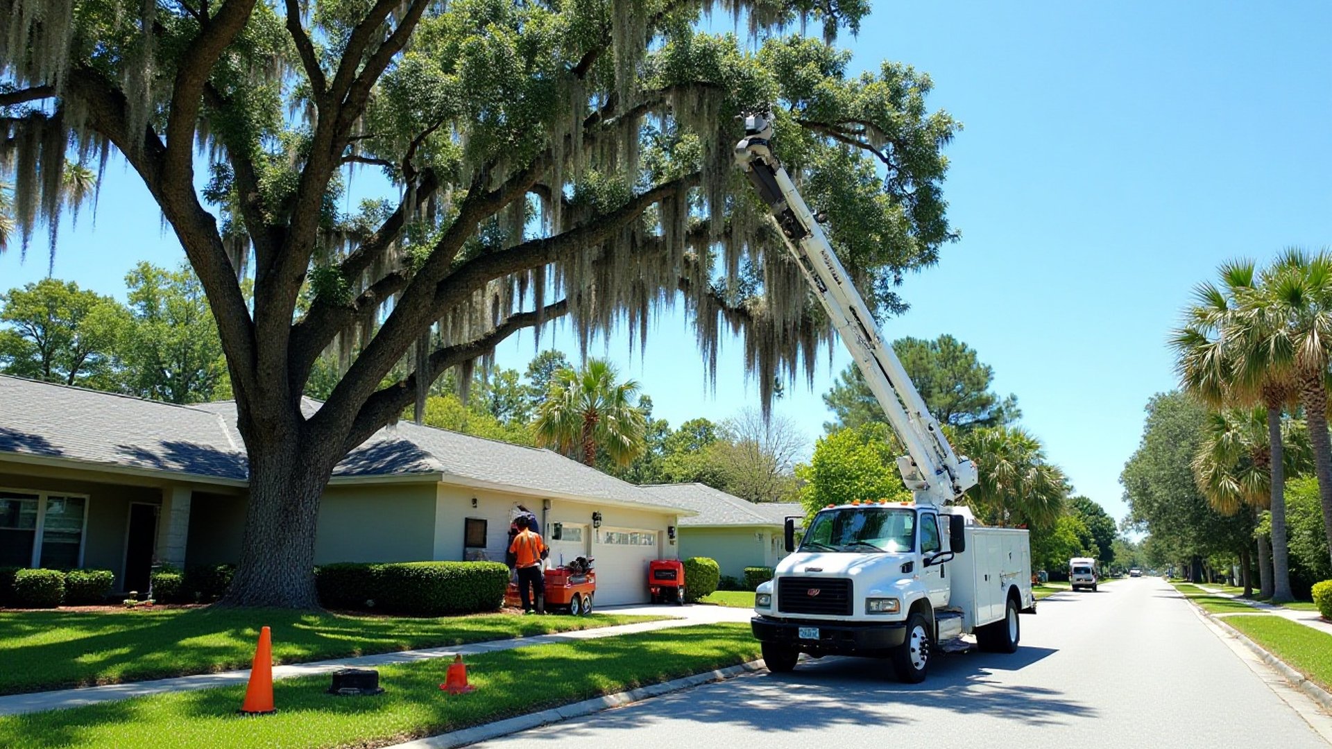 Bucket truck at the curb by a moss-draped oak in front of a one-story home